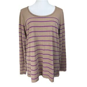 Eddie Bauer Women's Pullover Top XL Tan Purple Striped Long Sleeve Tee Casual